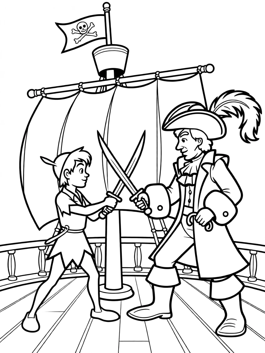 Peter Pan and Captain Hook having a sword fight on the ship.