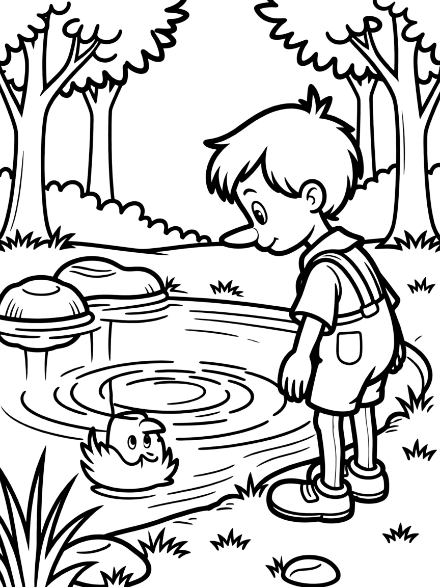 Pinocchio looking at his reflection in the water.