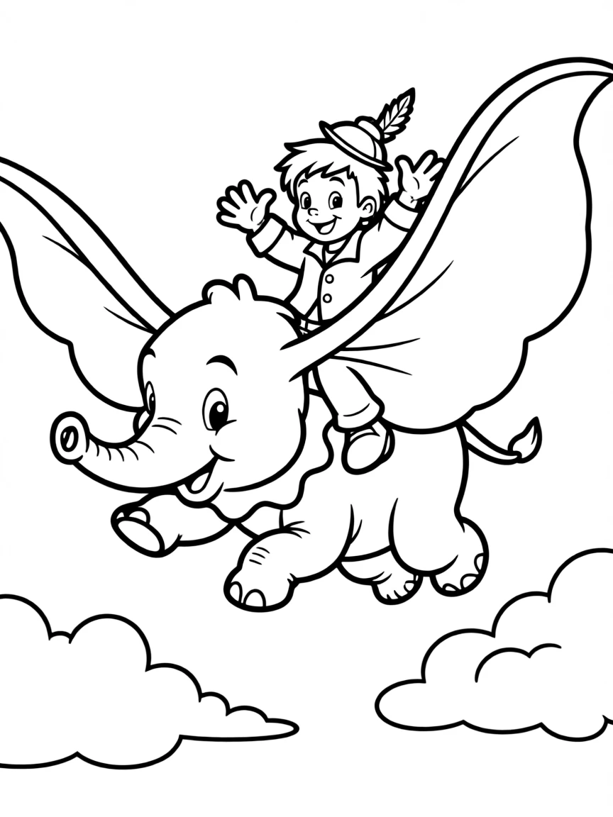 Dumbo flying with Timothy on his back, looking confident.