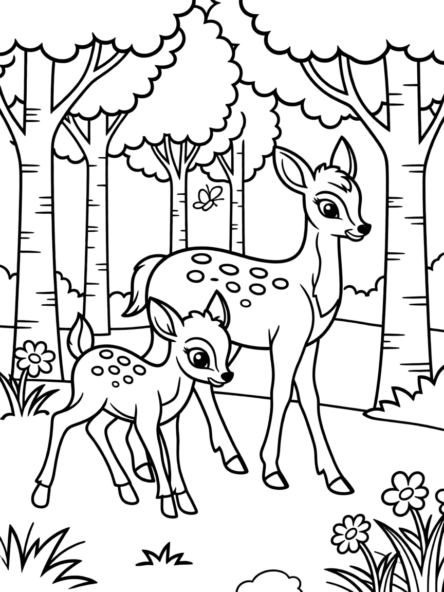 Bambi and his mother walking through the forest.