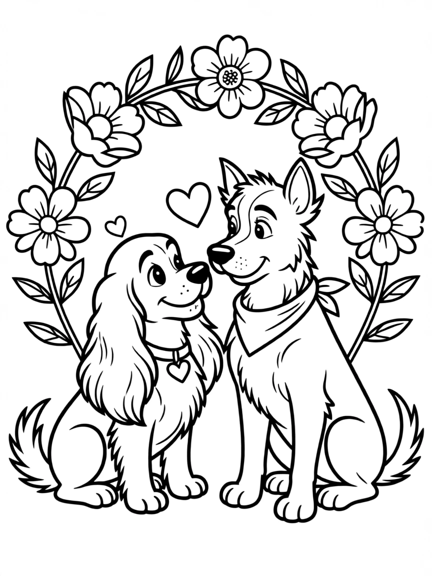 Lady and Tramp looking at each other, with a romantic background.