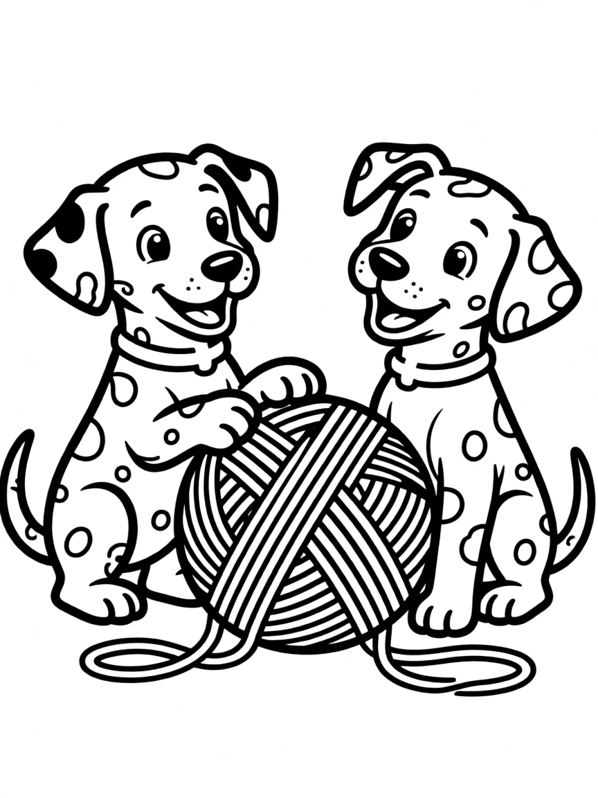 The Dalmatian puppies playing with a ball of yarn.