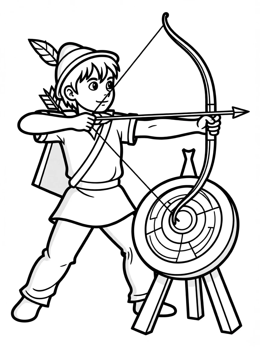 Robin Hood aiming his arrow at a target.