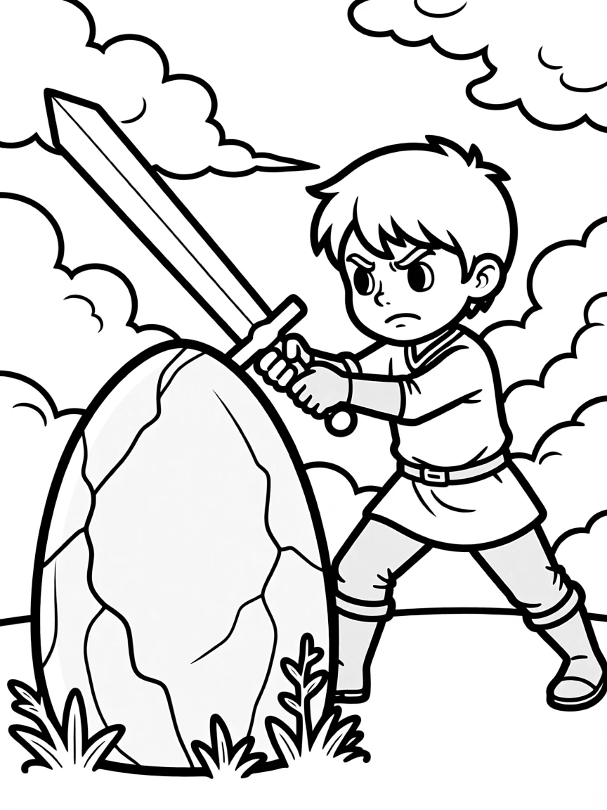 Arthur pulling the sword from the stone, with a dramatic sky.