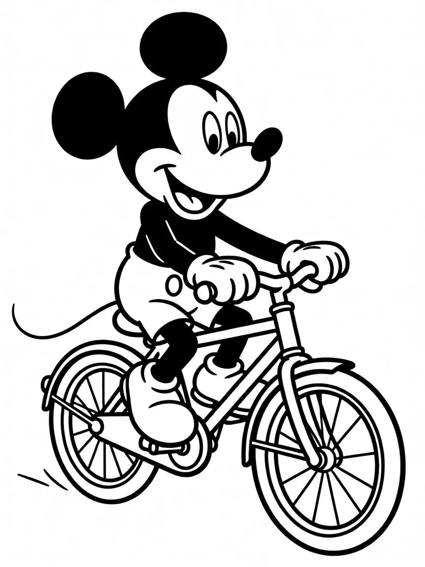 Mickey Mouse riding a bicycle, looking happy.