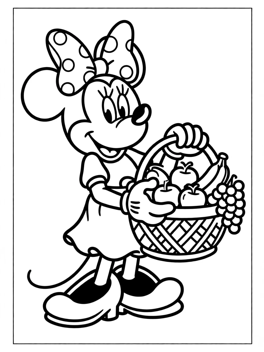 Minnie Mouse holding a basket of fruit.