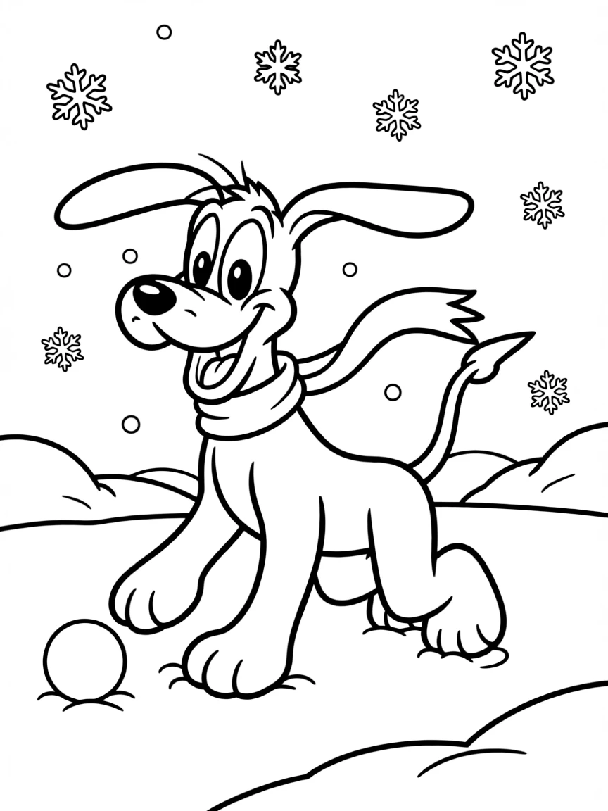 Pluto playing in the snow, looking joyful.