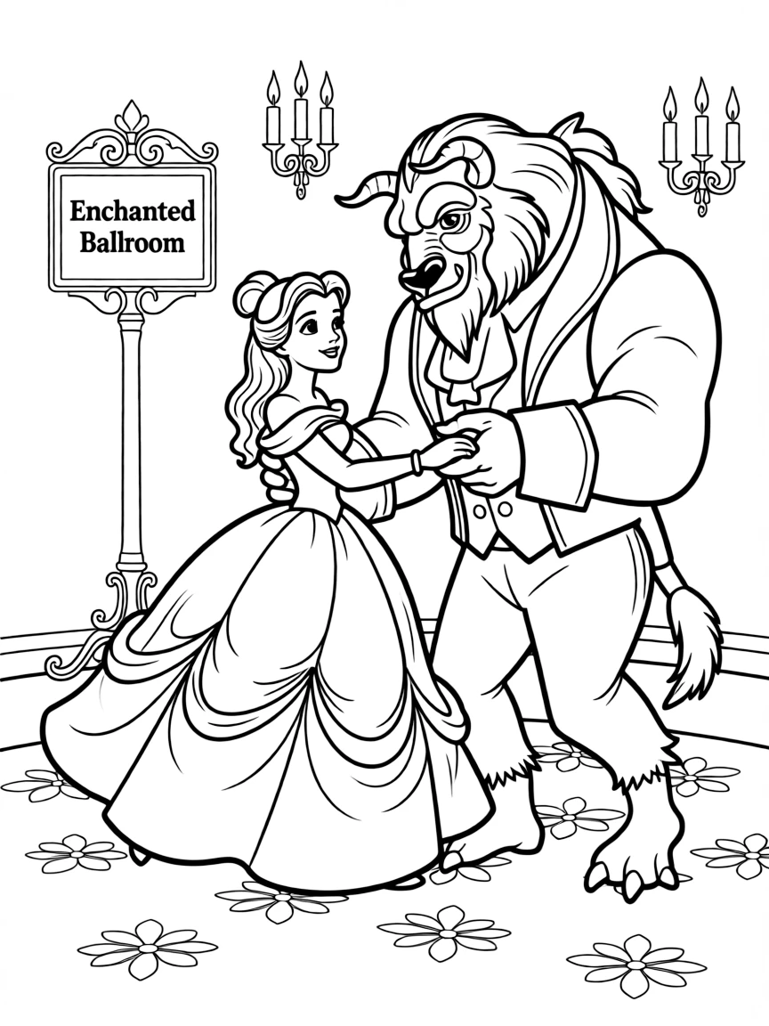Belle and the Beast dancing gracefully.