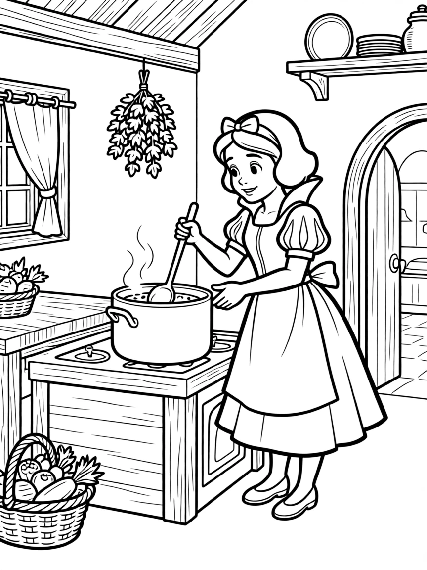 Snow White cooking in the dwarfs' cottage.
