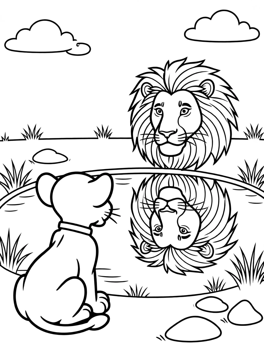 Simba looking at his reflection, seeing Mufasa.