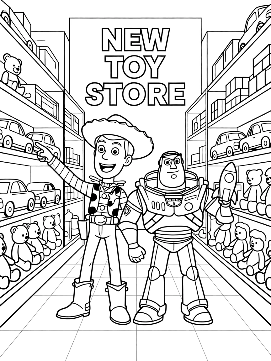 Woody and Buzz exploring a new toy store.