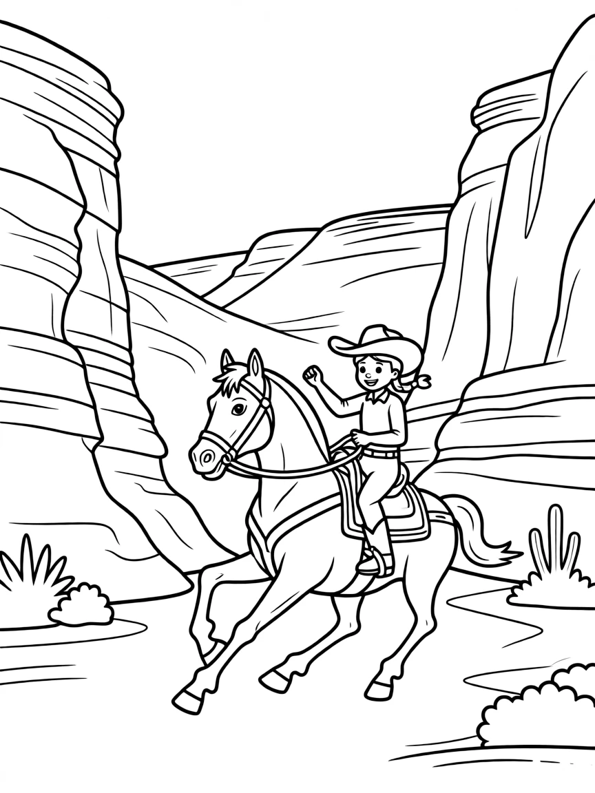 Jessie riding Bullseye through a canyon.