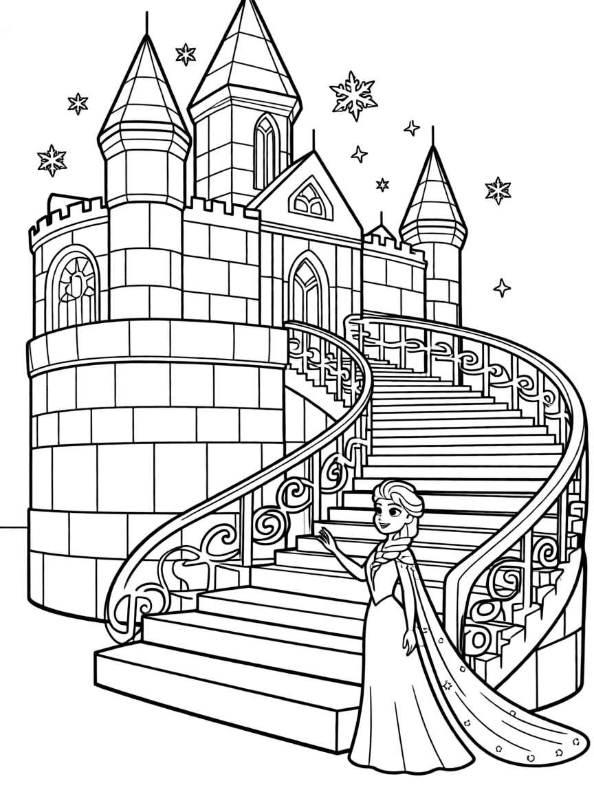 Elsa creating an ice palace with a grand staircase.