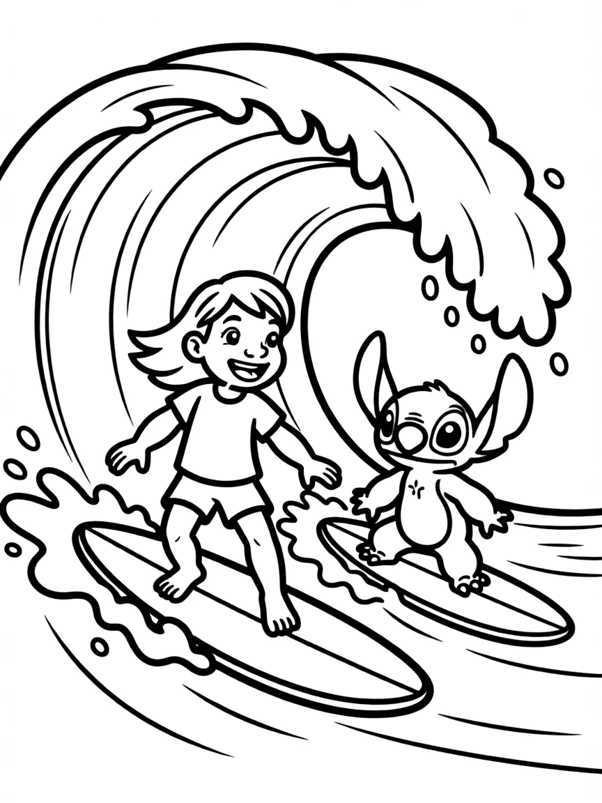 Lilo and Stitch surfing a big wave.