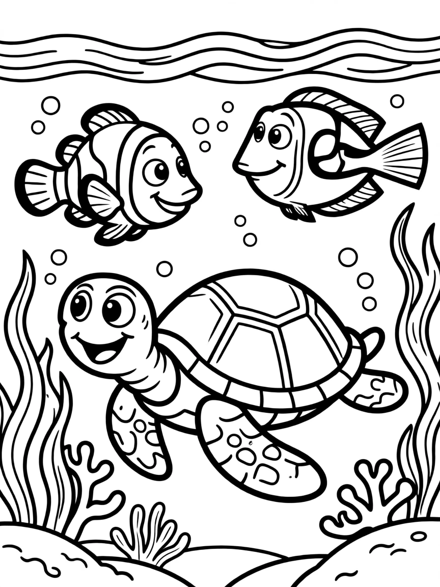 Nemo and Dory swimming with Crush.