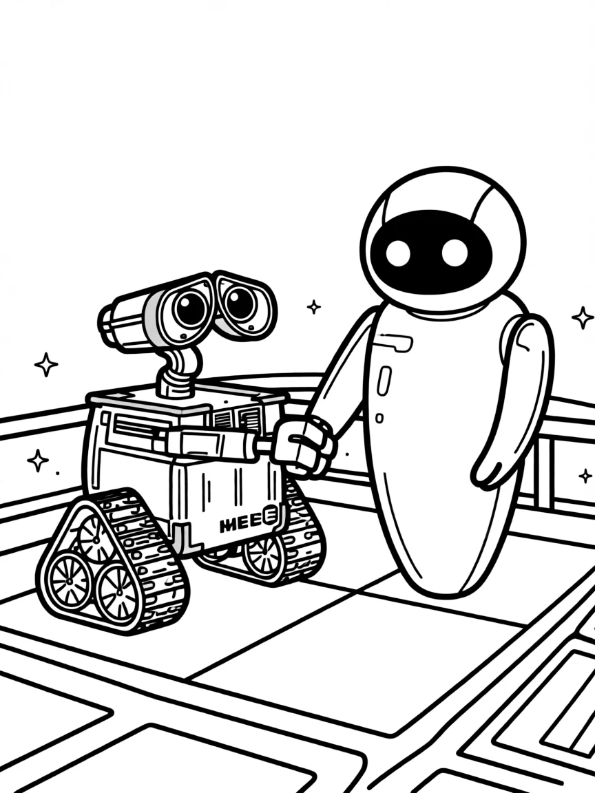 WALL-E and EVE holding hands on the Axiom.