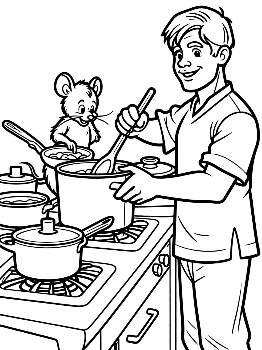 Remy cooking with Linguini, with pots and pans.