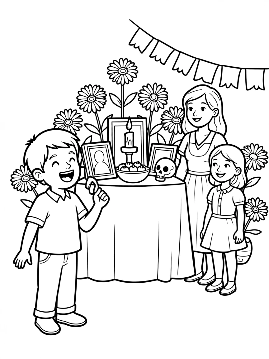Miguel singing in front of his family altar.