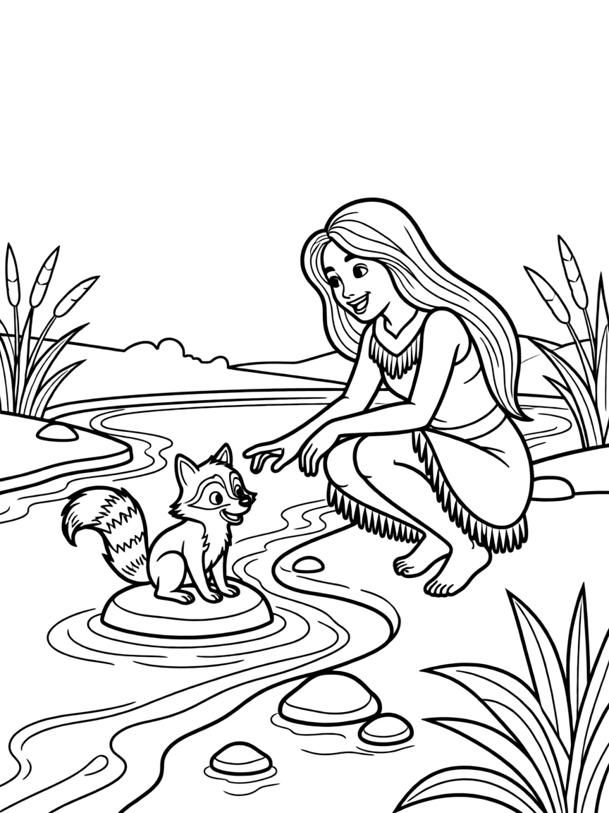 Pocahontas and Meeko playing by the river.