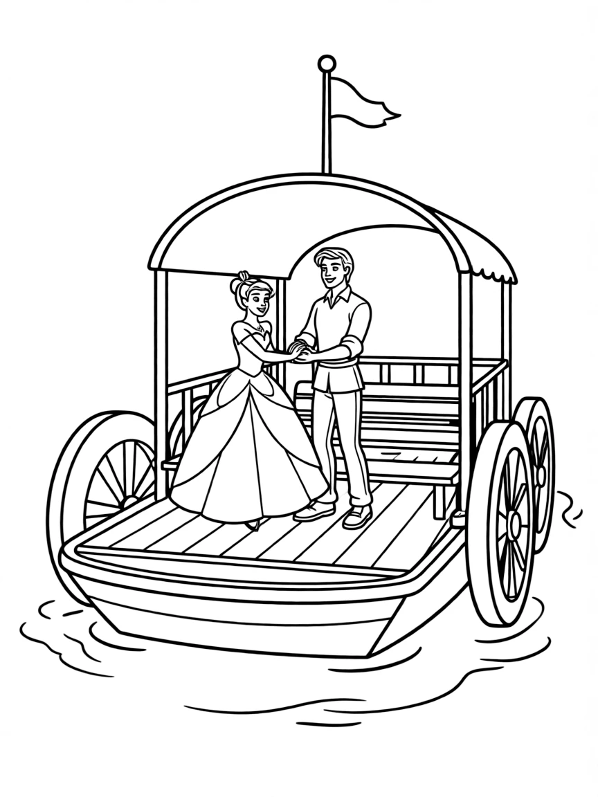 Tiana and Naveen dancing on a paddleboat.