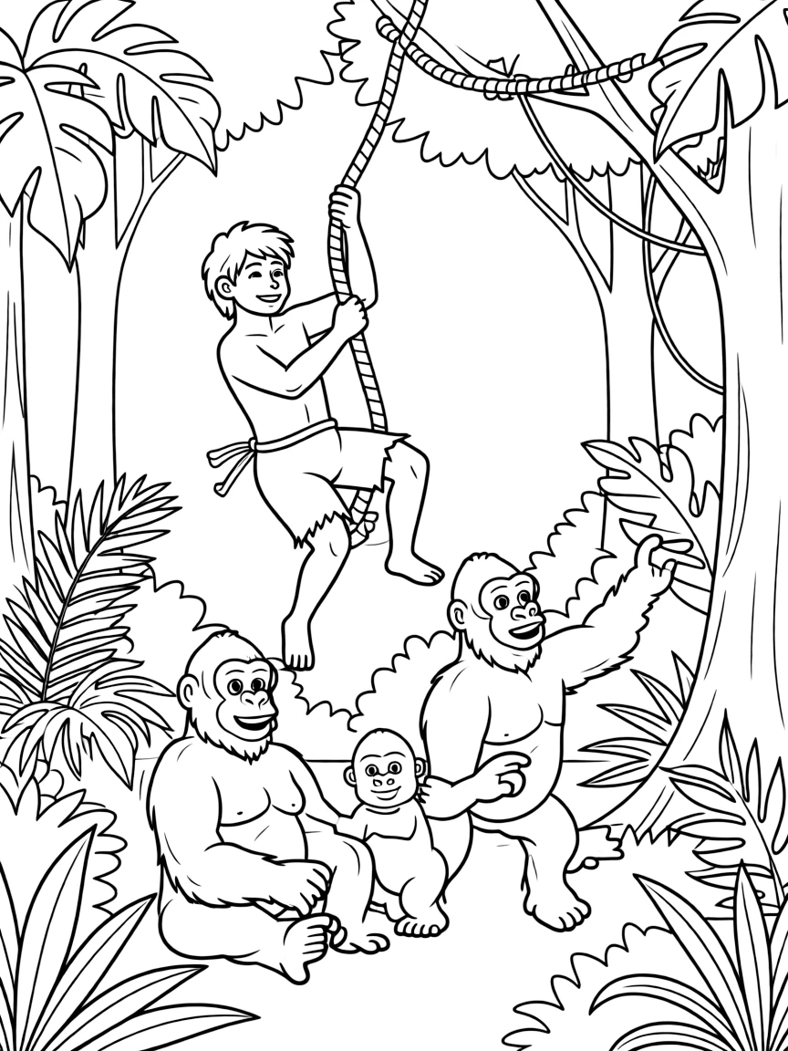Tarzan swinging through the jungle, with gorillas following.
