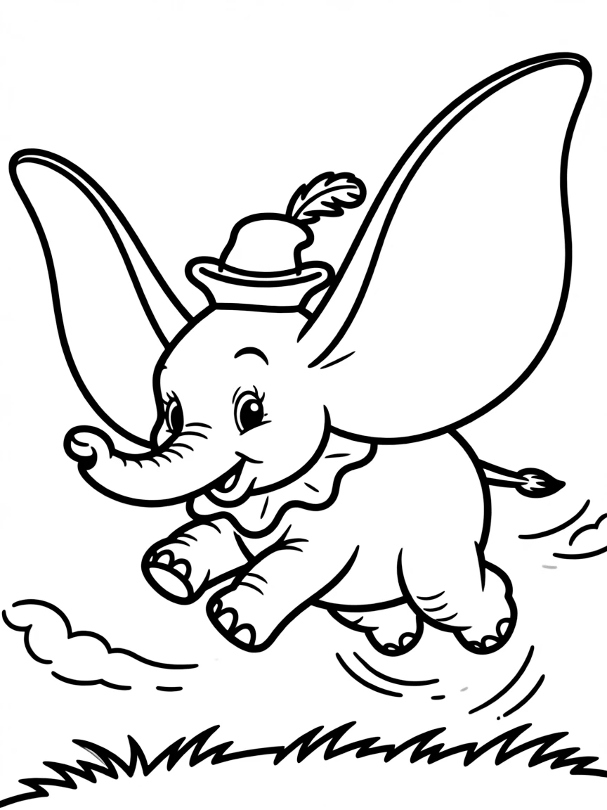 Dumbo taking off in flight, with his ears spread wide.
