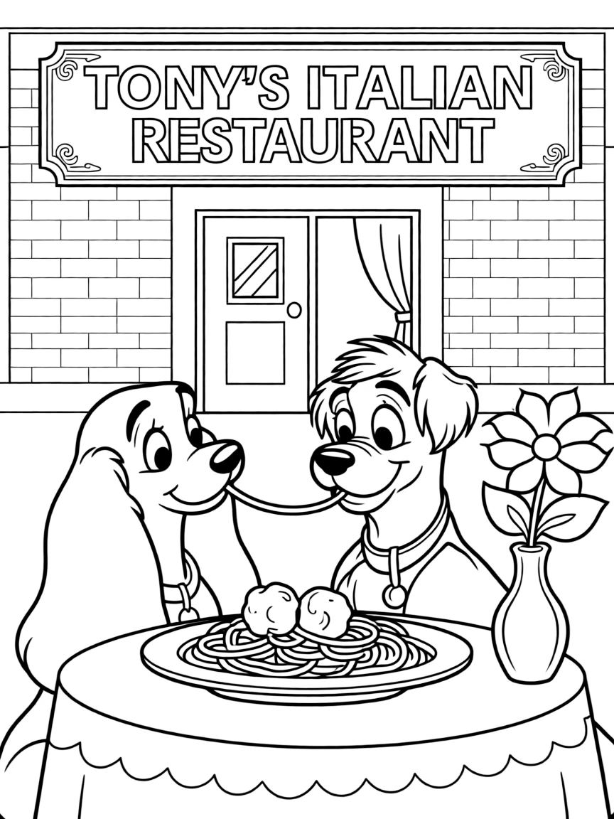 Lady and Tramp eating spaghetti at Tony's.