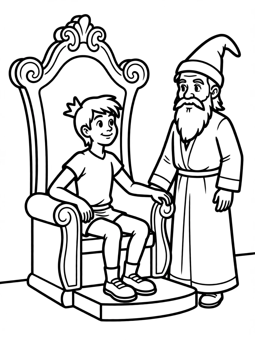 Arthur sitting on the throne, with Merlin by his side.
