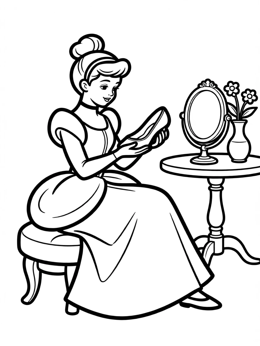 Cinderella looking at her glass slipper.