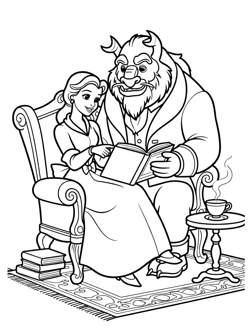 Belle and Beast reading a book together.