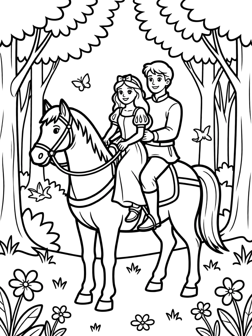 Snow White and the Prince riding a horse through a forest.