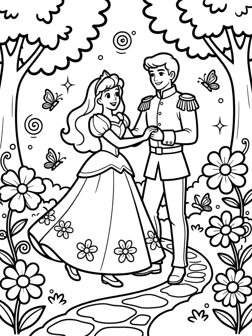 Aurora dancing with Prince Philip in a magical garden.
