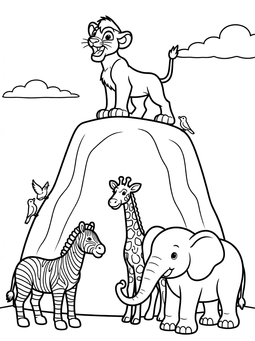 Simba roaring on Pride Rock, surrounded by animals.