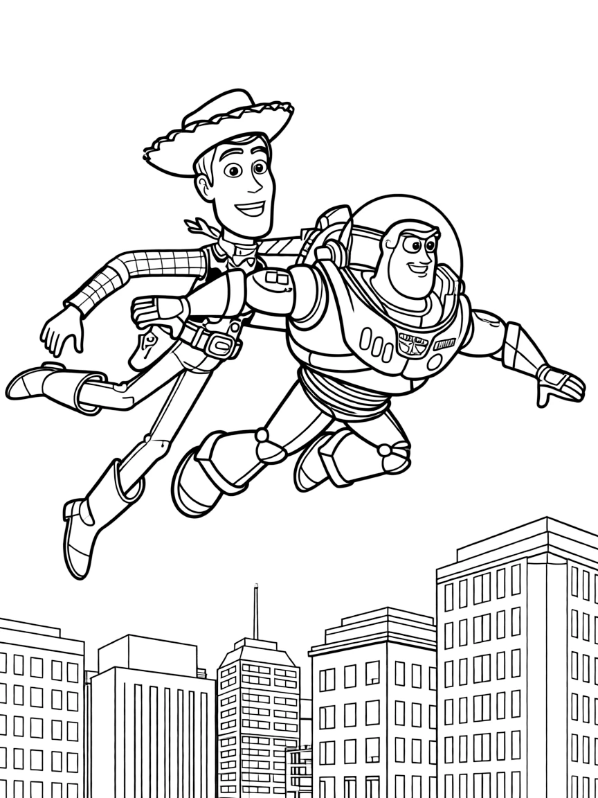 Woody and Buzz flying over the city.