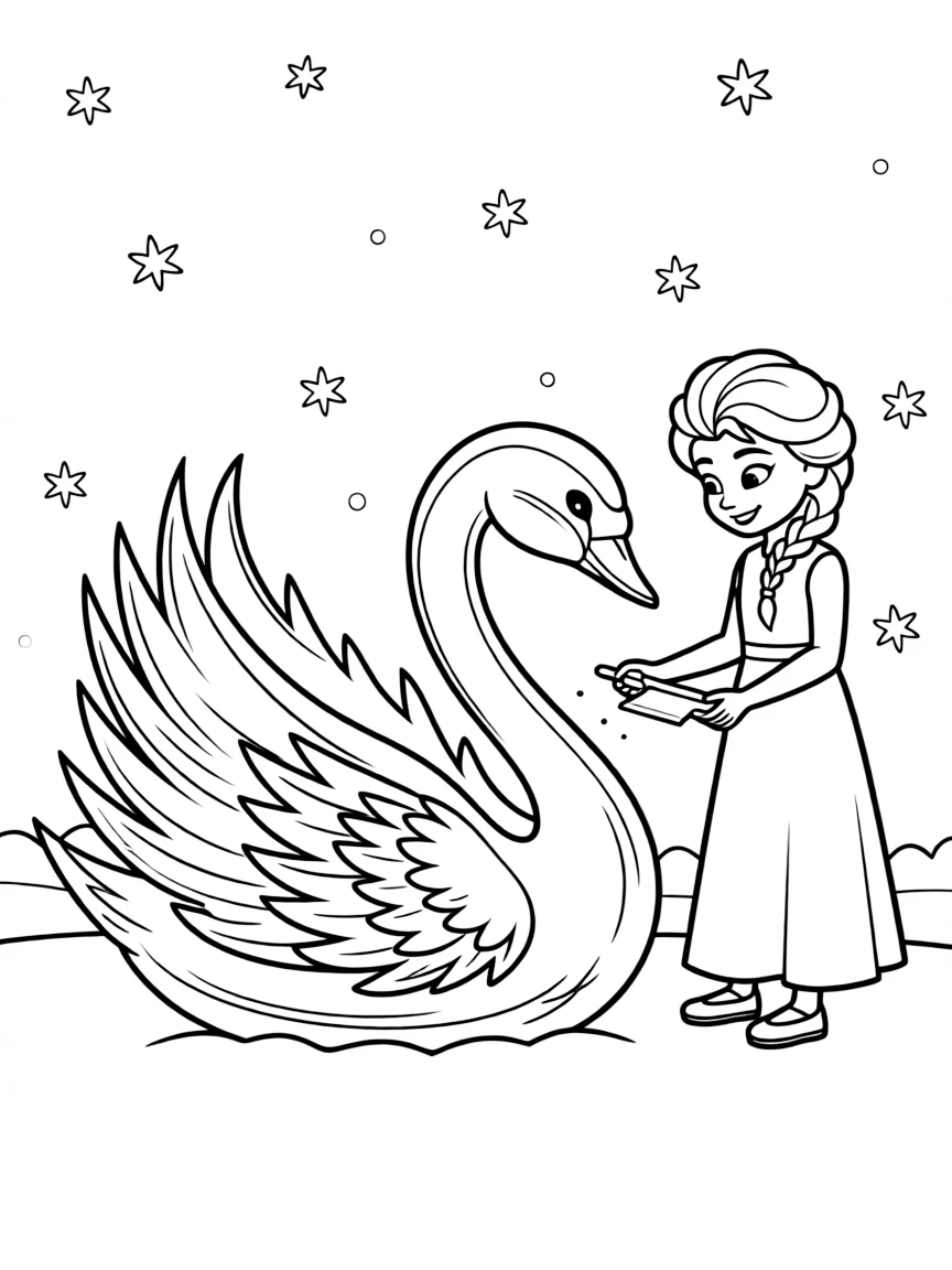 Elsa creating a beautiful ice sculpture of a swan.