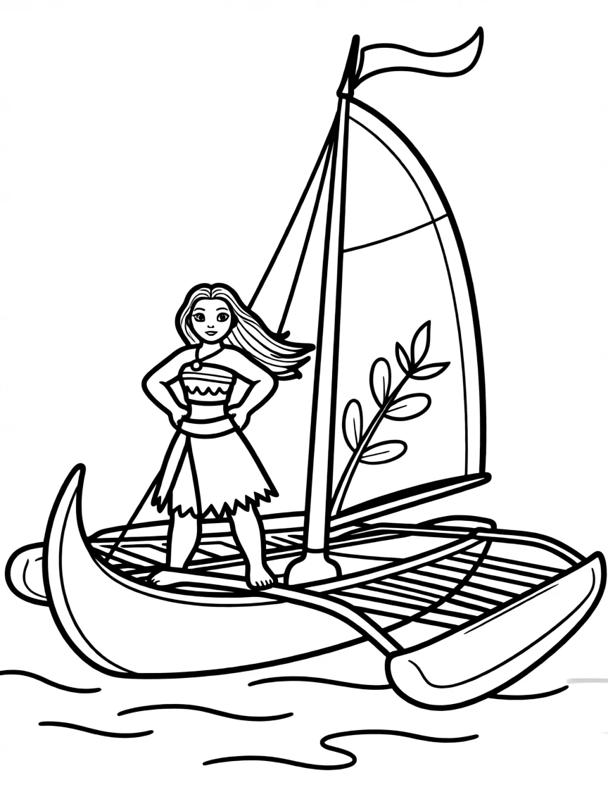 Moana standing on her boat, with a determined look.