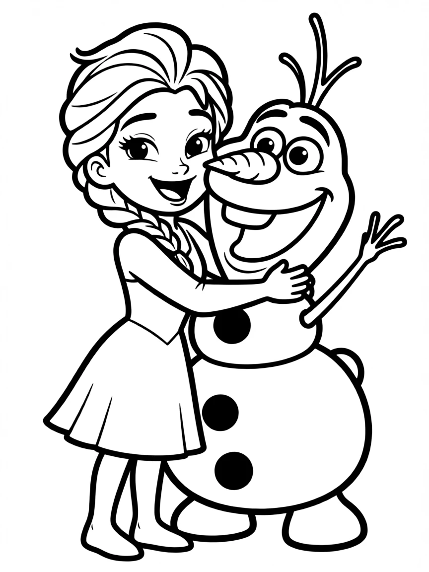 Anna and Olaf hugging, with a happy expression.