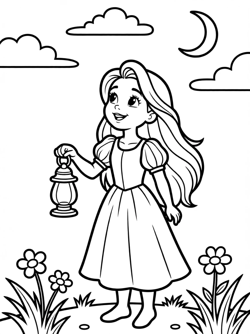Rapunzel with a lantern in her hand, looking up at the sky.