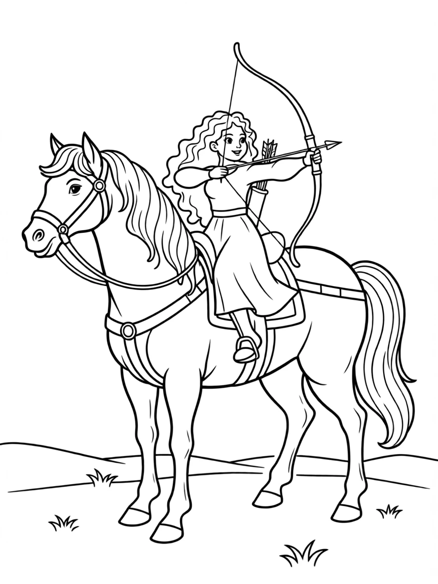 Merida riding Angus, with her bow and arrow ready.