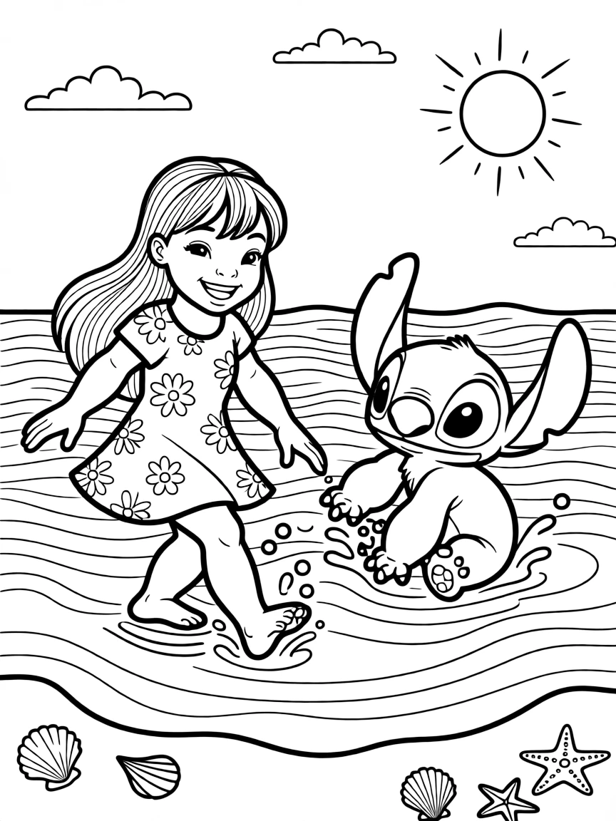 Lilo and Stitch playing in the waves.