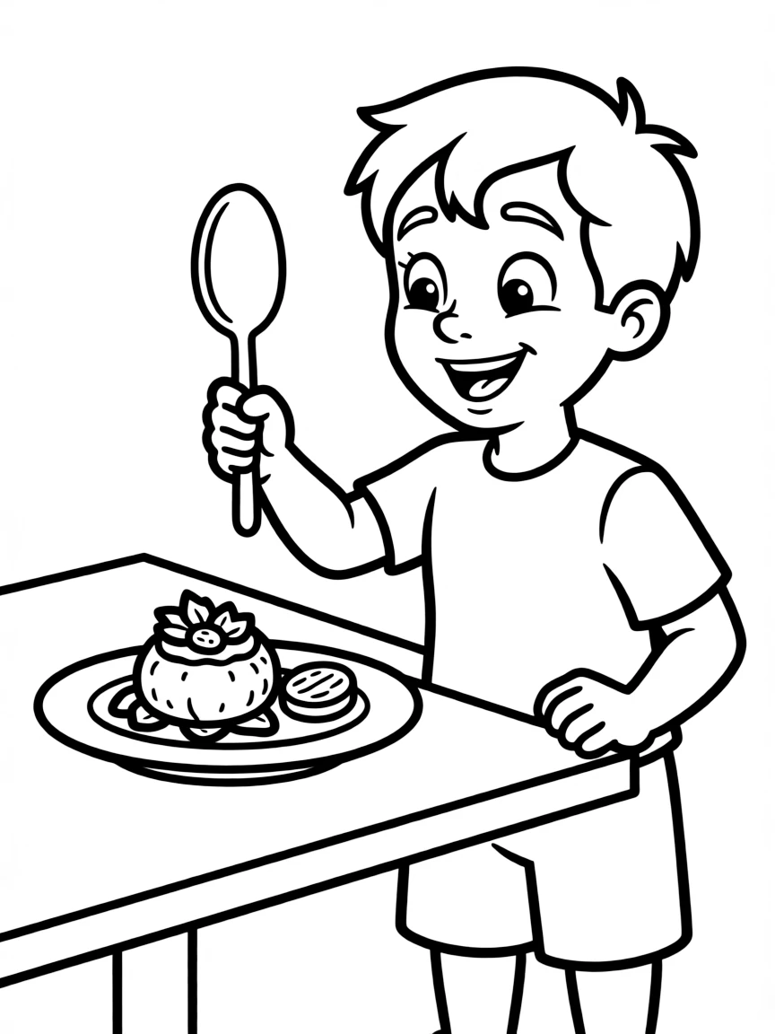 Remy holding a spoon, looking at a delicious dish.