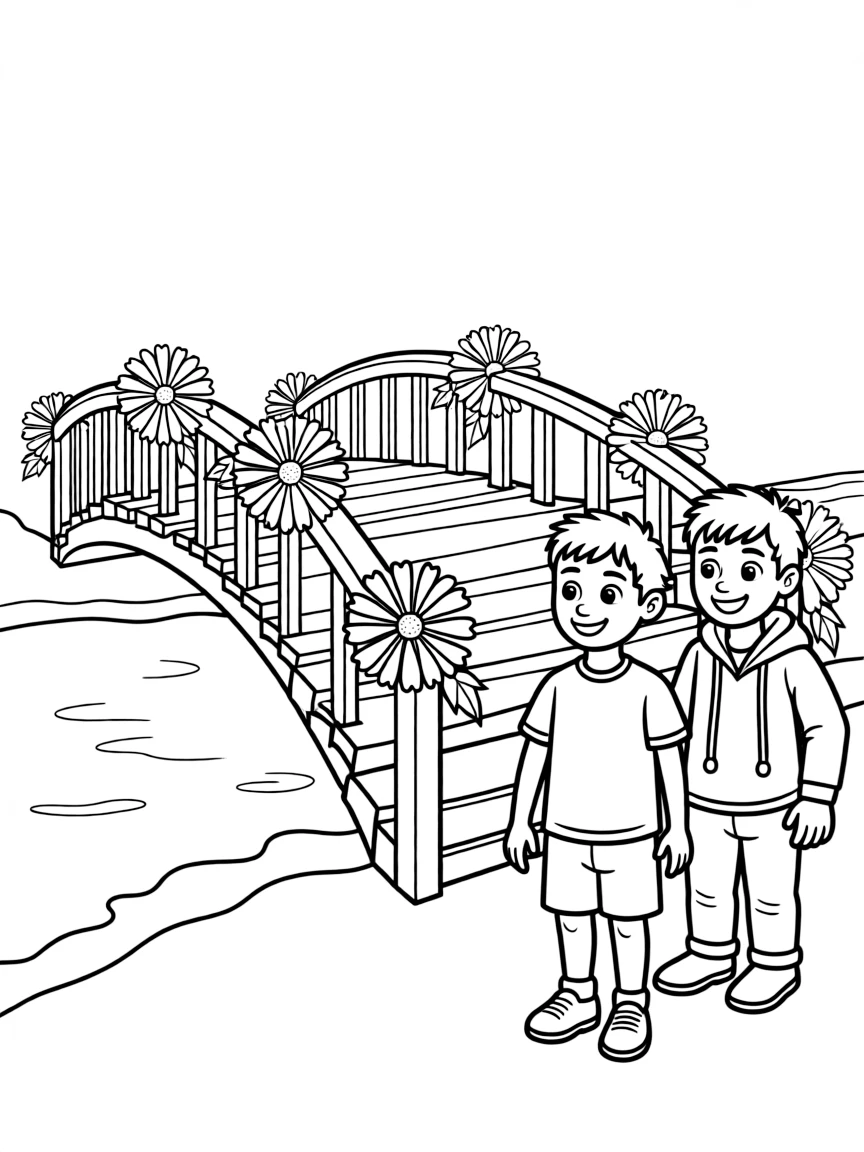 Miguel and Dante looking at the glowing marigold bridge.