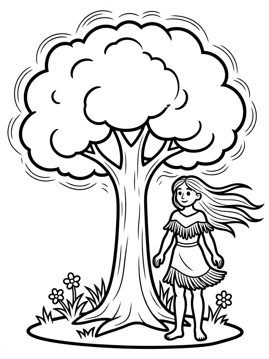 Pocahontas standing by a glowing tree, with the wind in her hair.