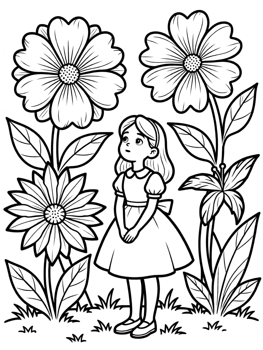 Alice looking at the giant flowers in Wonderland.