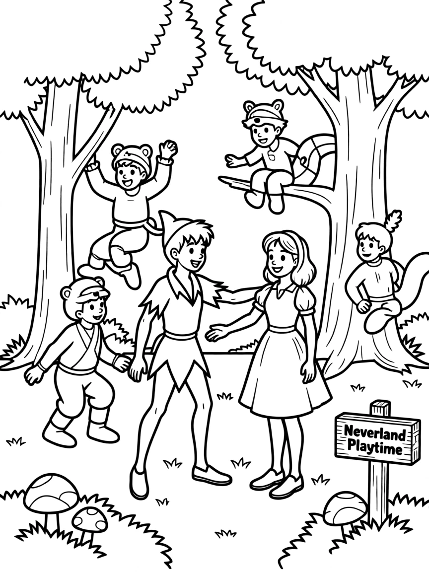 Peter Pan, Wendy, and the Lost Boys playing.
