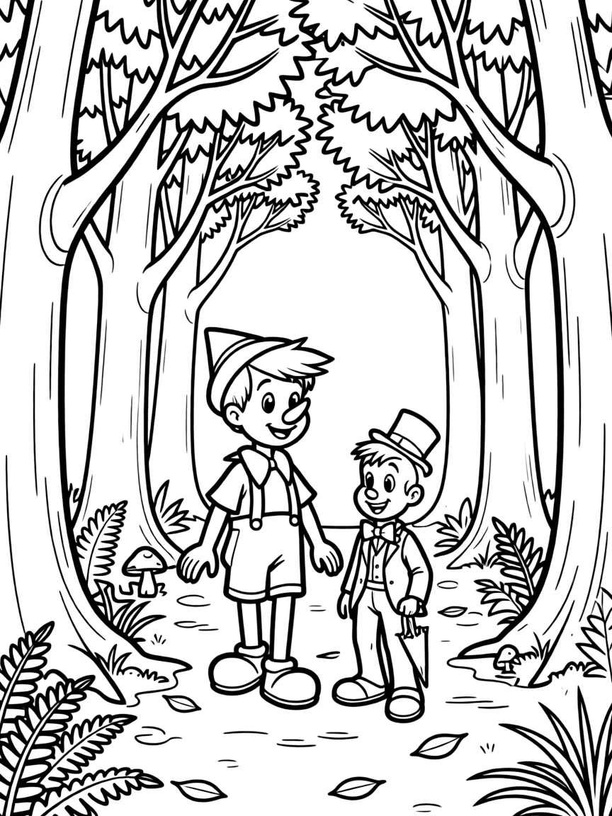 Pinocchio and Jiminy Cricket walking through a dark forest.