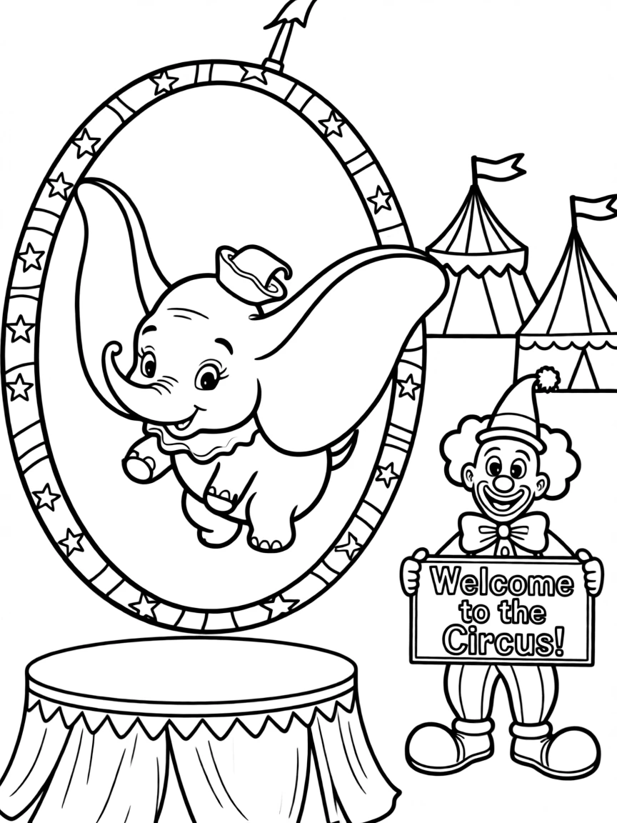 Dumbo flying through a hoop in the circus.