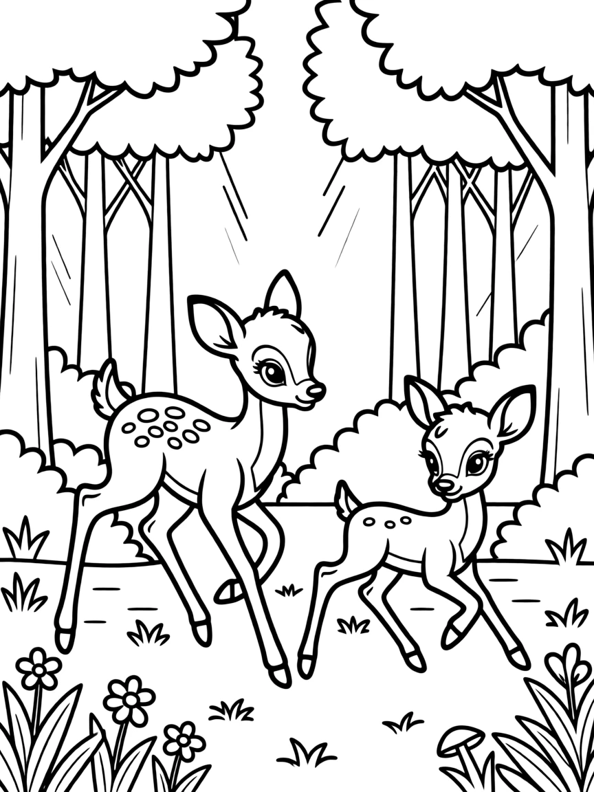 Bambi and Faline running through a beautiful forest.
