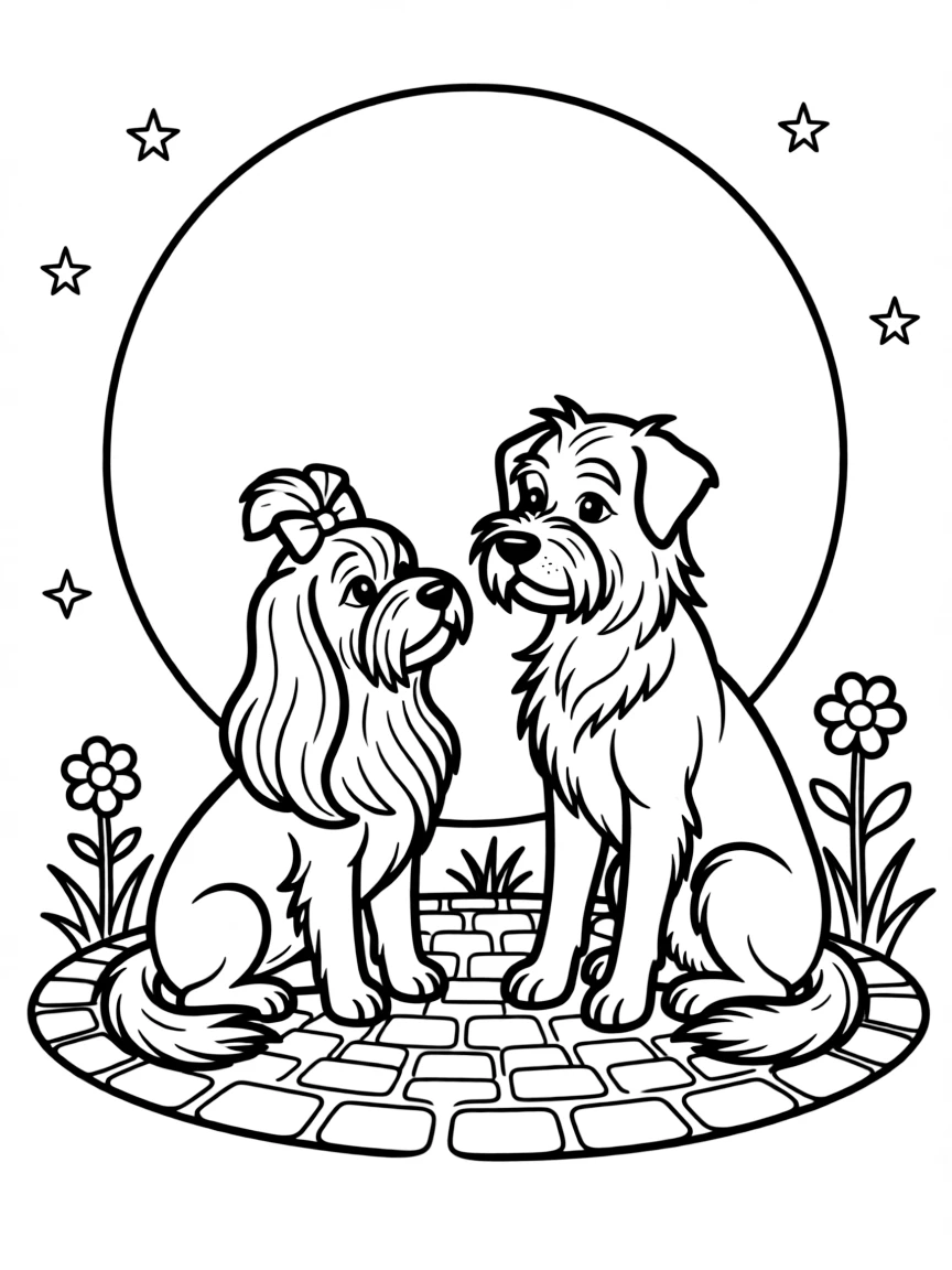 Lady and Tramp looking at each other under a full moon.