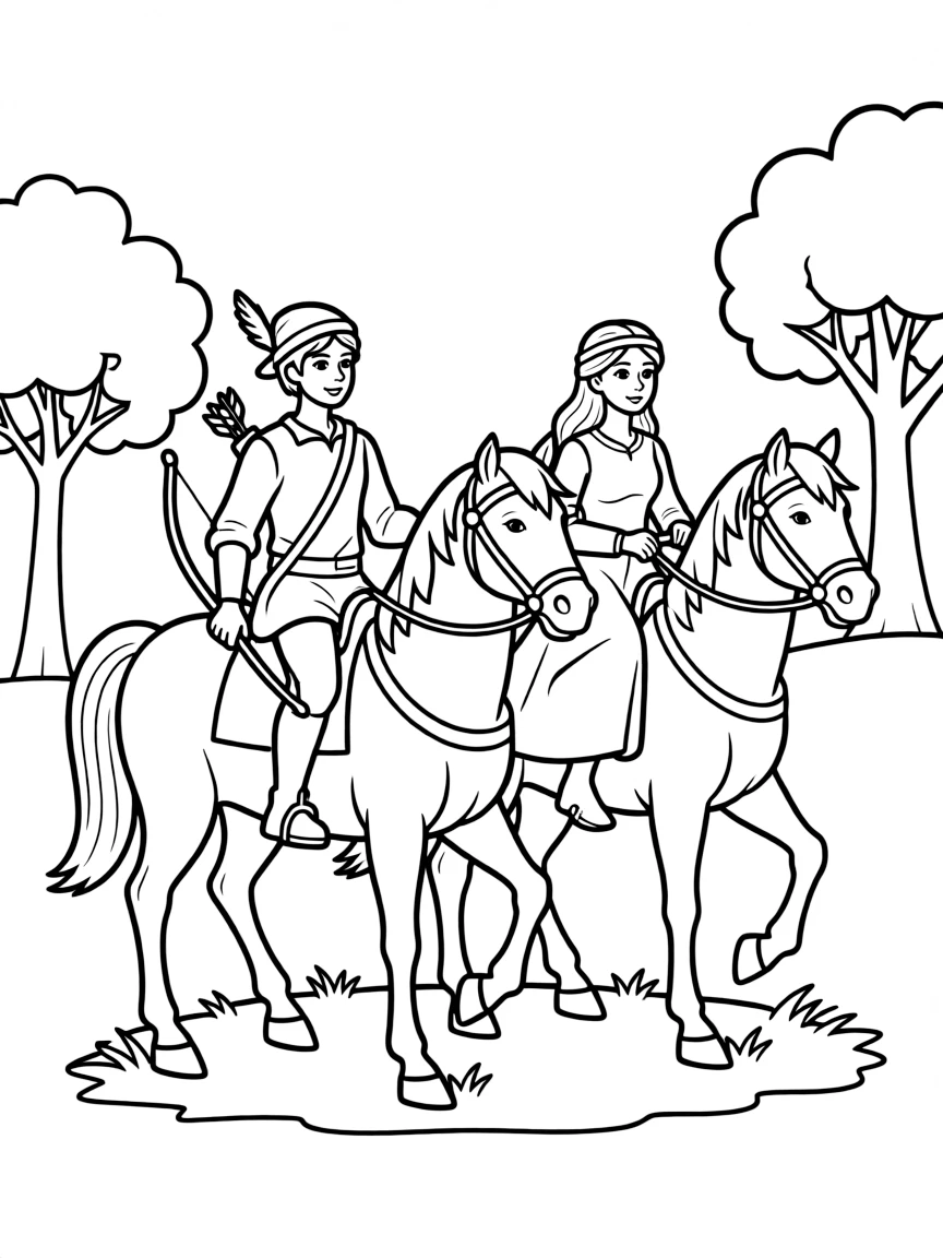 Robin Hood and Maid Marian riding horses together.